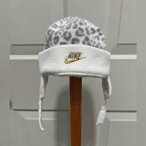 Nike White and Gray Leopard Print Fleece Hat with Ear Flaps - Picture 1 of 5
